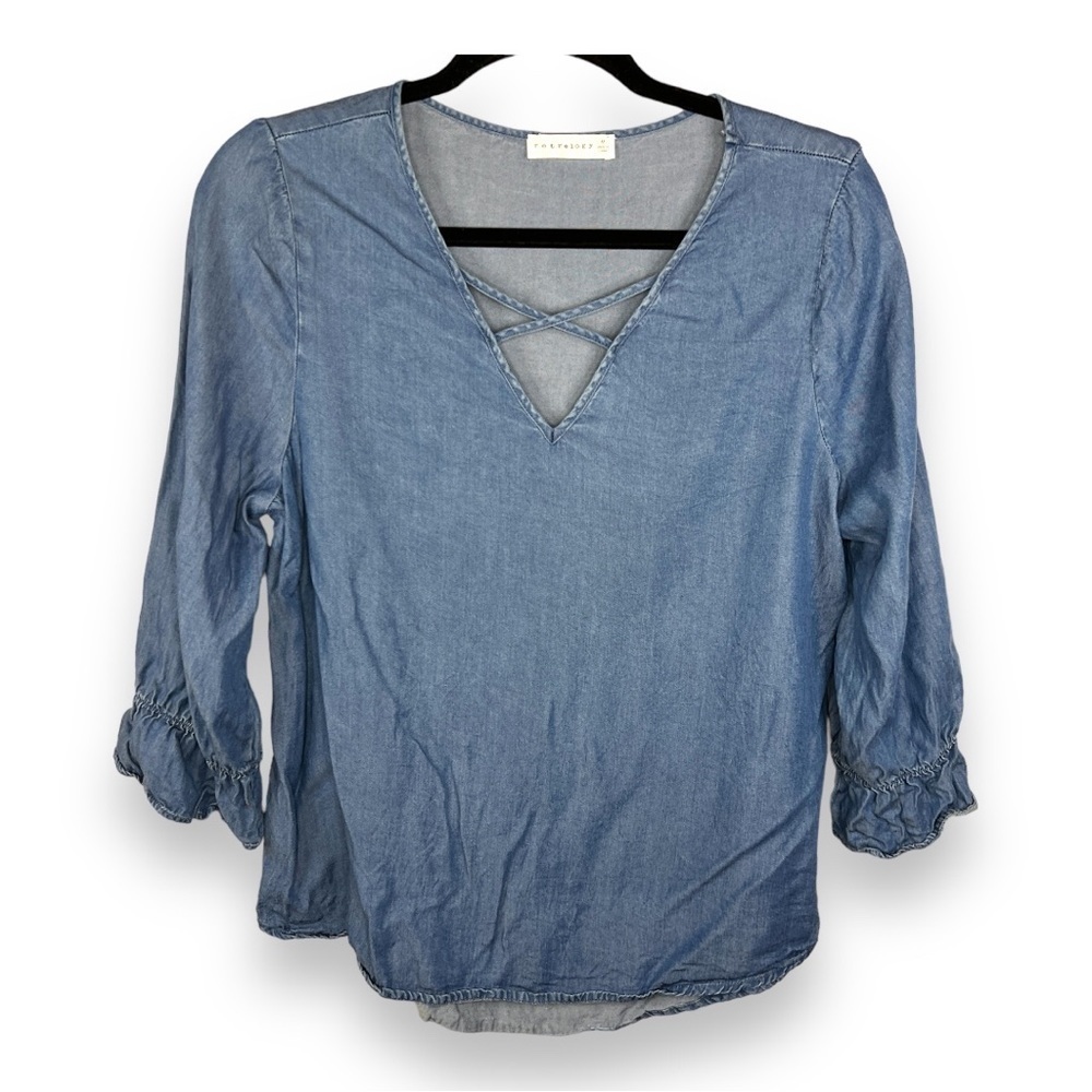 Medium Retrology Blue Lyocell Peasant Top Boho Lightweight  V Neck